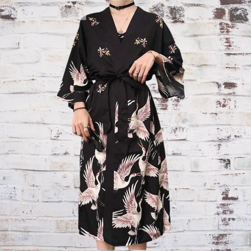 Women's robes for after a long day-Black Crane Kimono | Long