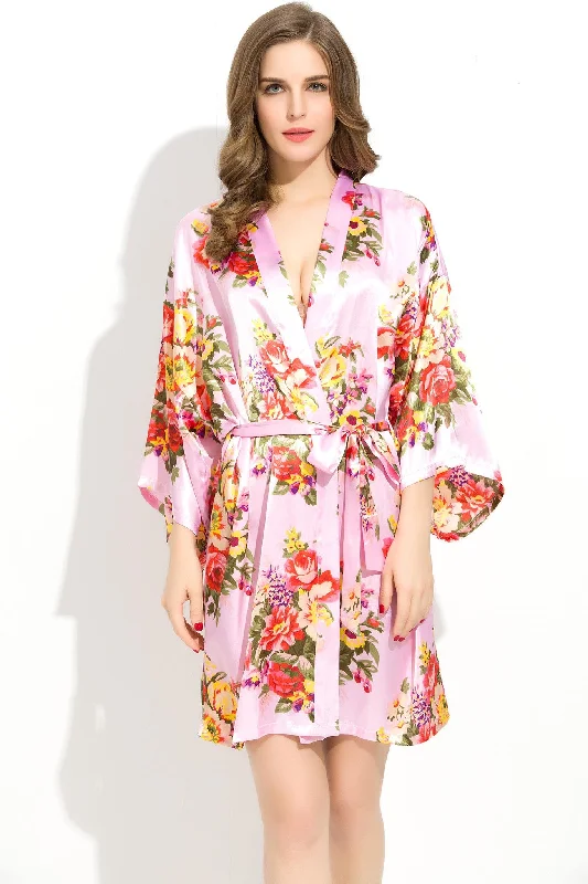 Women's robes for luxurious sleepwear-Pink Sherbet Floral Bridesmaid Robes Kimono