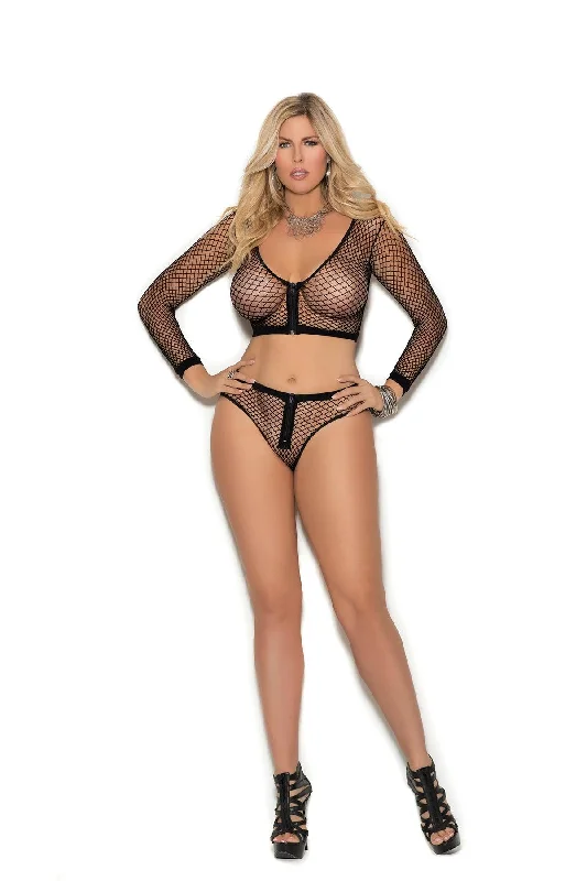 Women's sexy nightwear with light fabric for warm nights-Elegant Moments Long Sleeve Fence Net Cami Top And Matching Booty Shorts Plus Size EM1335Q Women's sexy nightwear with light fabric for warm nights-Elegant Moments Long Sleeve Fence Net Cami Top And Matching Booty Shorts Plus Size EM1335Q