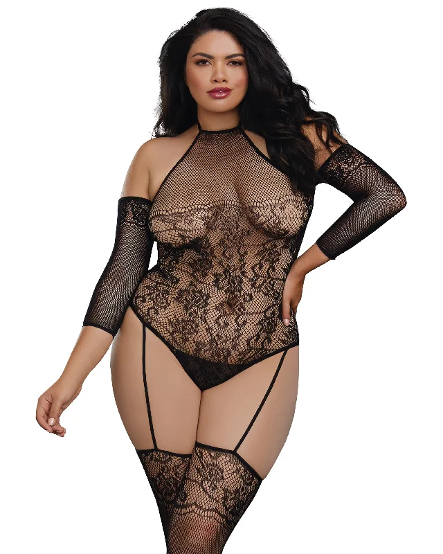 Sexy lingerie for slimming effect-DG 0310X Plus Size Fishnet Teddy Bodystocking with 3/4 Length Sleeves