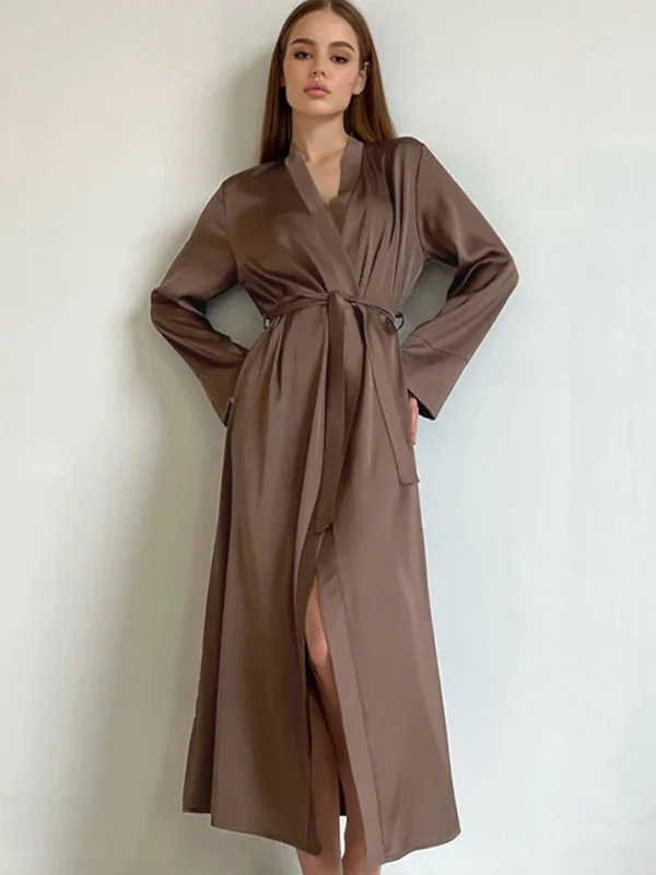 Women's robes with plush cotton fabric-Robe de Chambre Longue Pour Femme En Satin "Perle du Matin"