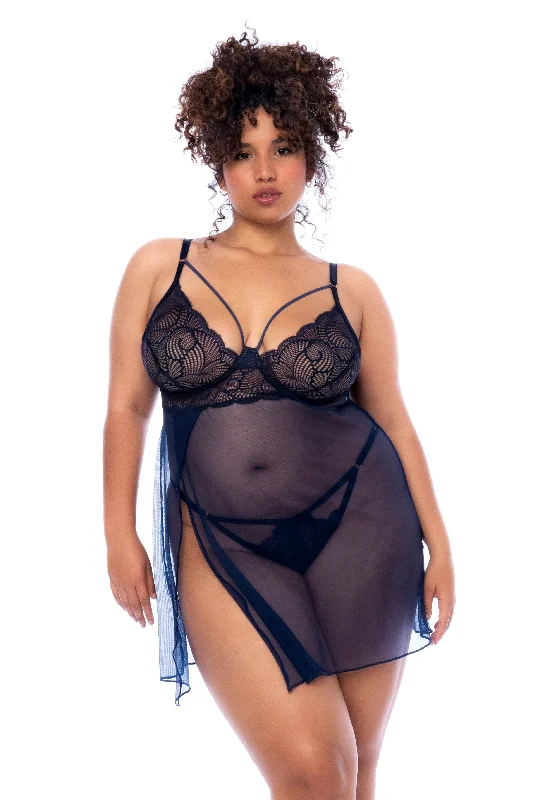 Women's sexy nightwear with delicate lace trim-Mapale Plus Queen Modern Side Silts Underwire Babydoll Midnight Blue Women's sexy nightwear with delicate lace trim-Mapale Plus Queen Modern Side Silts Underwire Babydoll Midnight Blue