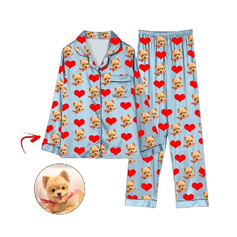 Comfortable matching mother and kid same suit for long trips-Custom Photo Satin Pajamas Heart I Love My Dog Light Blue