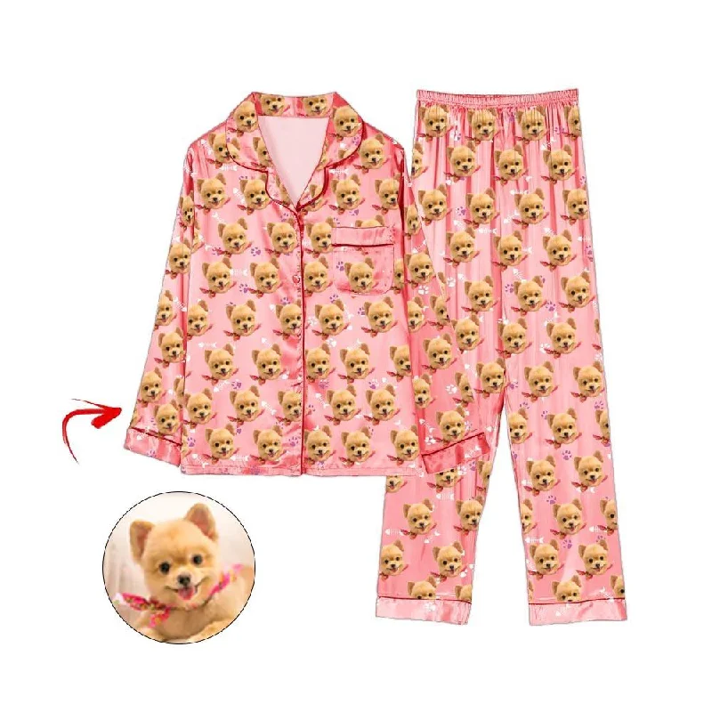 Matching mother and kid same suit for summer holidays-Custom Photo Satin Pajamas Dog Footprint Champagne Matching mother and kid same suit for summer holidays-Custom Photo Satin Pajamas Dog Footprint Champagne