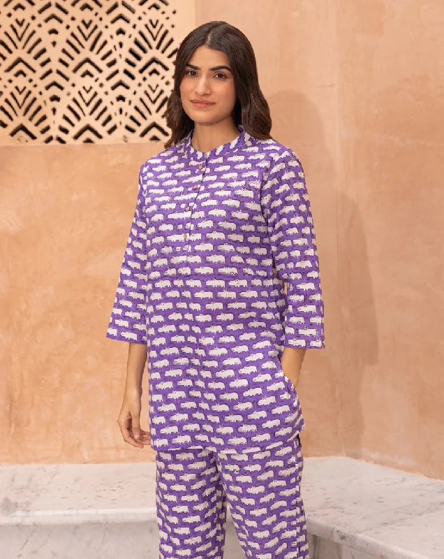 Trendy mother and kid same suit for seasonal fun-Happy Hippos Short Kurta Pyjama - Soft Cotton Co-ord Set