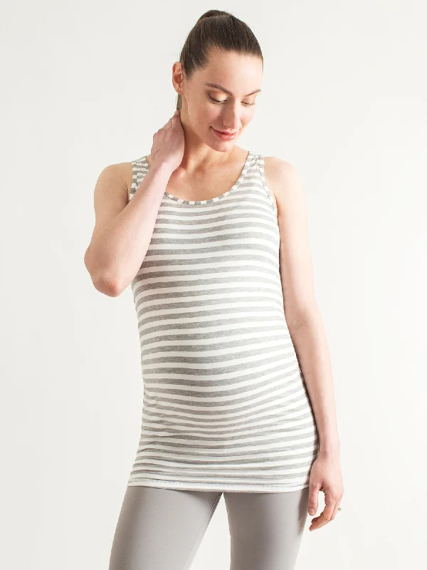 linen camisoles beach cover-up-LONG SOFT STRETCH MATERNITY TANK, LIGHT HEATHER GREY STRIPE