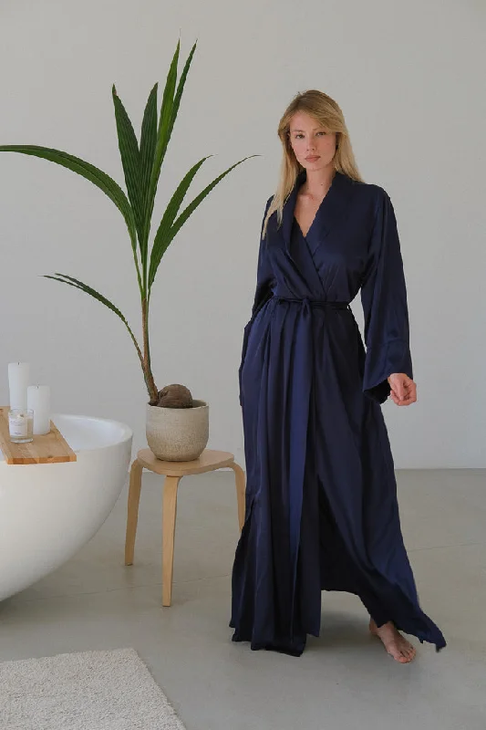 Women's robes for relaxing around the house-Long Silky Robe with Shawl Collar