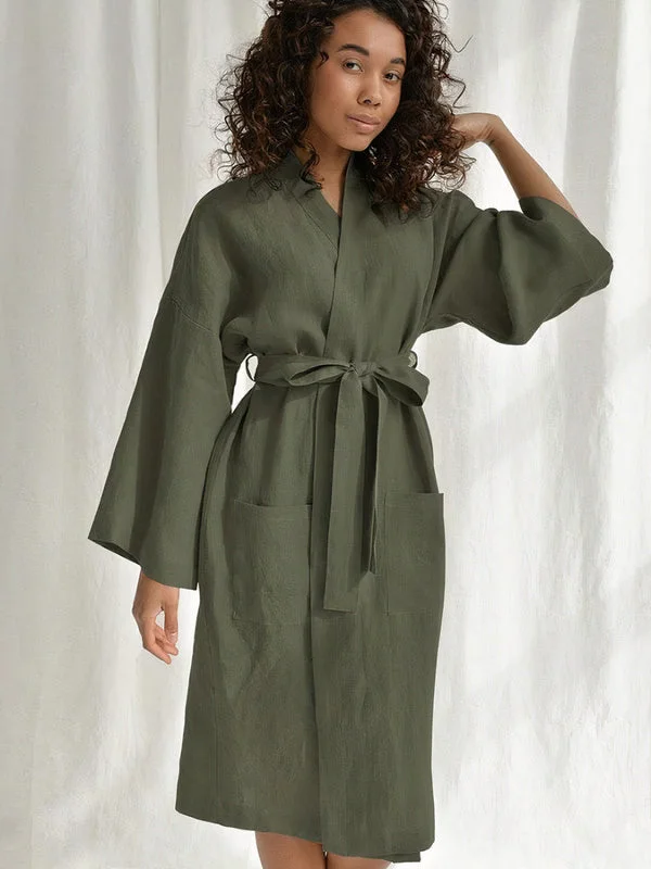 Trendy women's robes for evening wear-Robe de Chambre Double Poches à Manches Amples en Coton pour Femme "Khaki"