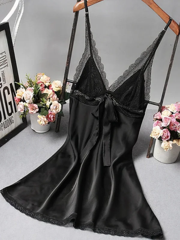 Soft satin women's sexy nightwear for chic style-Nuisette en Satin avec nœud pour Femme "Noir" Soft satin women's sexy nightwear for chic style-Nuisette en Satin avec nœud pour Femme "Noir"