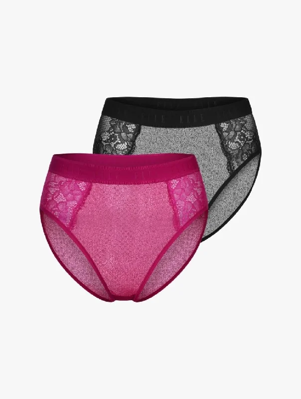 Women's panties for all-season wear-ELLE 24/7 Lace High Waisted Brief - Black/Pink - 2 PACK