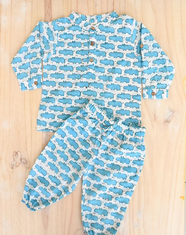 Matching mother and kid same suit for summer holidays-Happy Hippos Cotton Kurta Pyjama Set for Kids