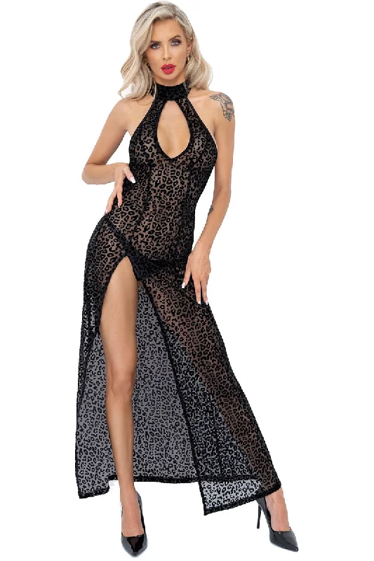 Sexy dress for formal occasions-Noir Handmade Long Leopard Flock Dress
