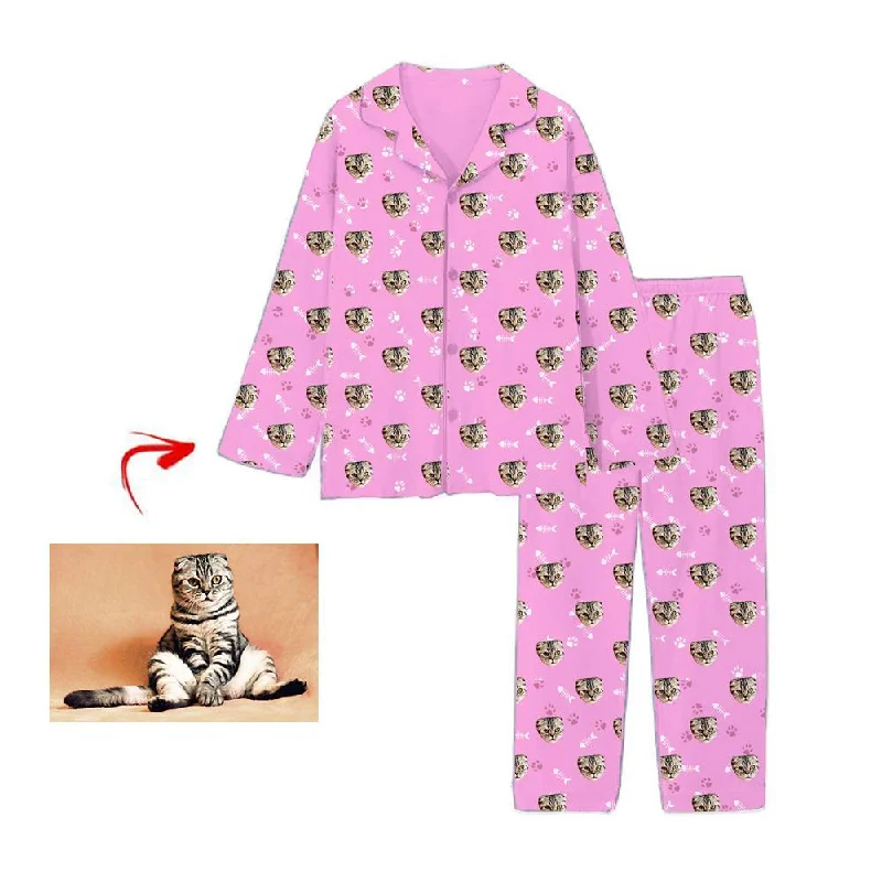 Matching mother and kid same suit for outdoor activities-Personalised Photo Pajamas Cat Footprint Pink