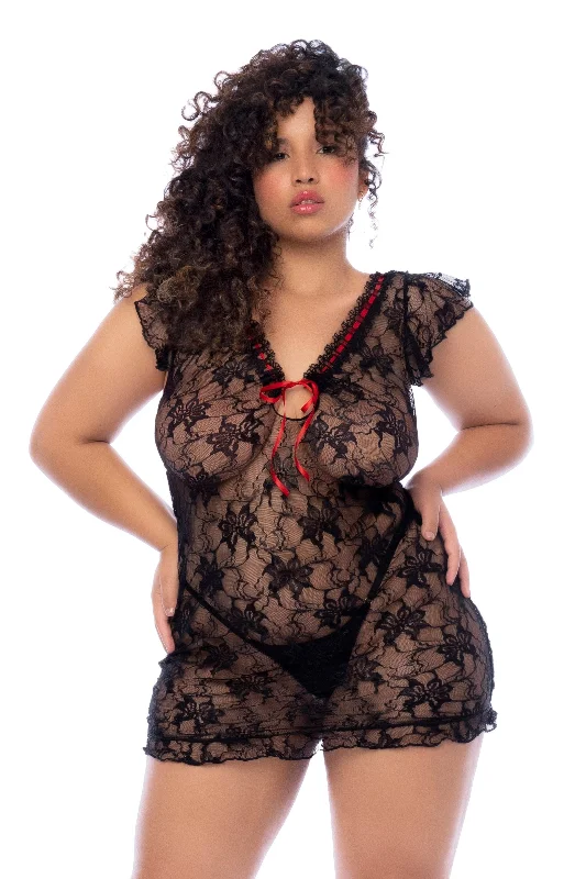 Women's sexy nightwear with elegant lace-Mapale Plus Size Queen Romantic Lace Red Bow Back Babydoll Black Women's sexy nightwear with elegant lace-Mapale Plus Size Queen Romantic Lace Red Bow Back Babydoll Black