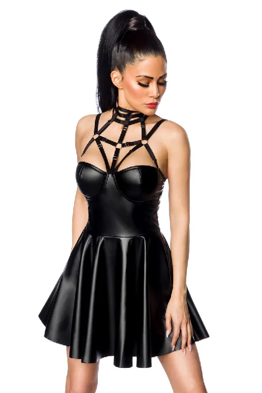 Sexy dress for vintage-inspired look-Saresia Harness Flared Mini Wetlook Dress