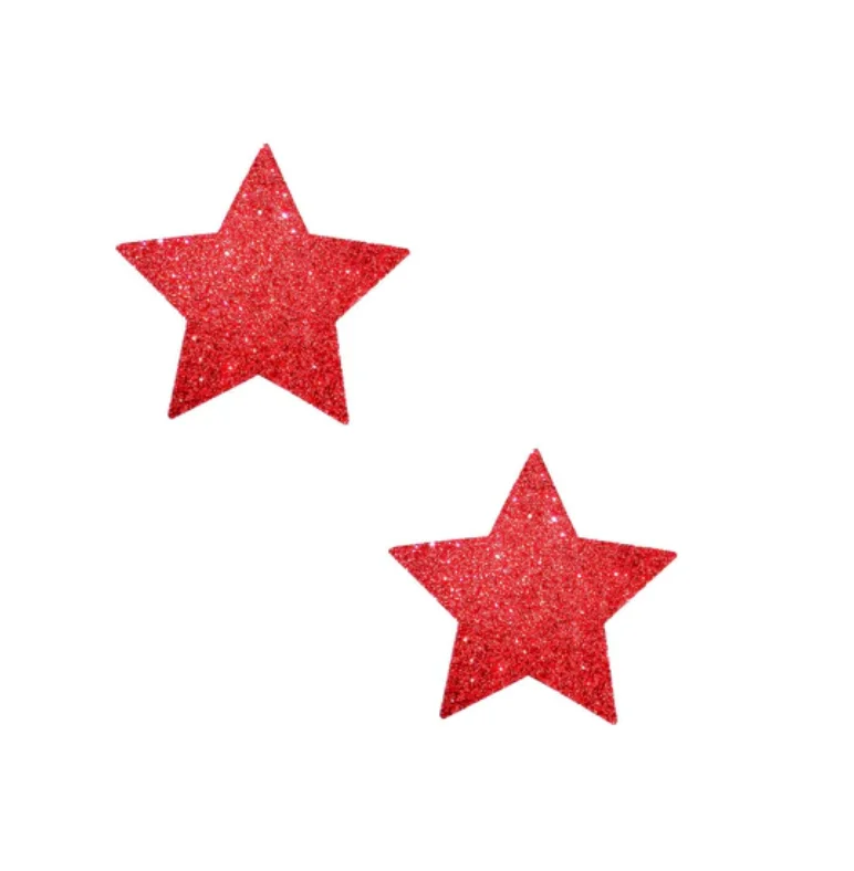 Nipple covers for a smooth bust-Red Glitter Stars - Nipple Pasties