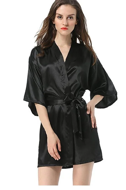 Women's robes with adjustable waist tie-New Black Chinese Women's Faux Silk Robe Bath Gown Hot Sale Kimono Yukata Bathrobe Solid Color Sleepwear S M L XL XXL NB032
