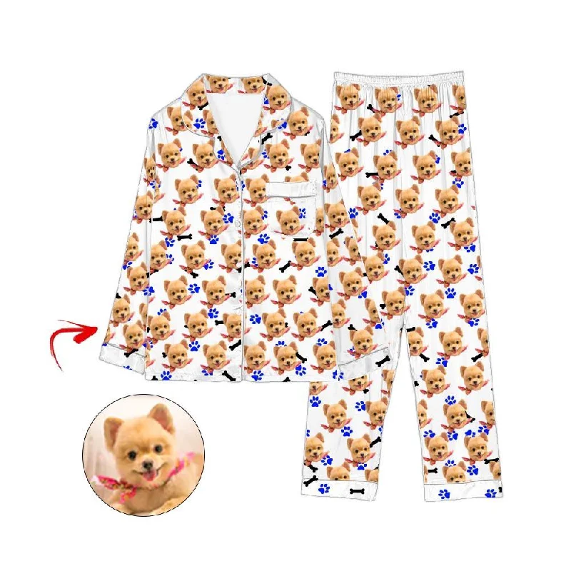 Trendy mother and kid same suit for family photoshoots-Custom Photo Satin Pajamas Dog Footprint White Trendy mother and kid same suit for family photoshoots-Custom Photo Satin Pajamas Dog Footprint White