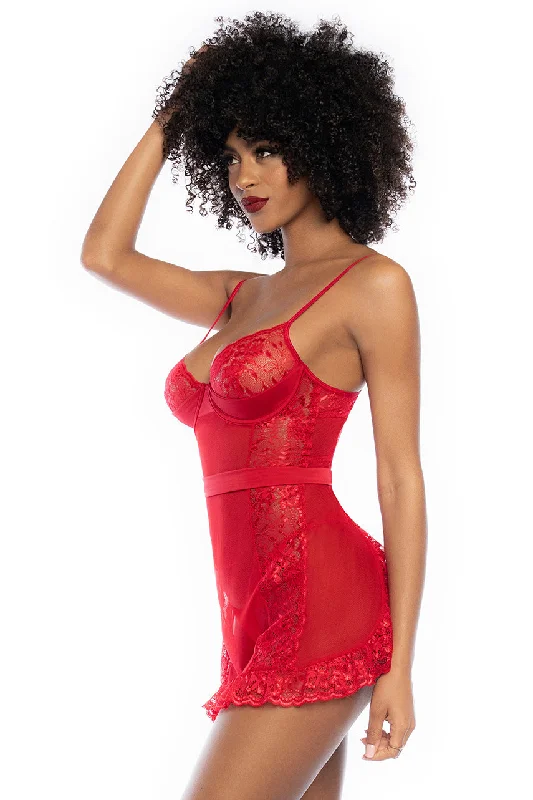 Soft satin women's sexy nightwear with alluring fabric-Mapale Playful Apron Style Babydoll Red Soft satin women's sexy nightwear with alluring fabric-Mapale Playful Apron Style Babydoll Red
