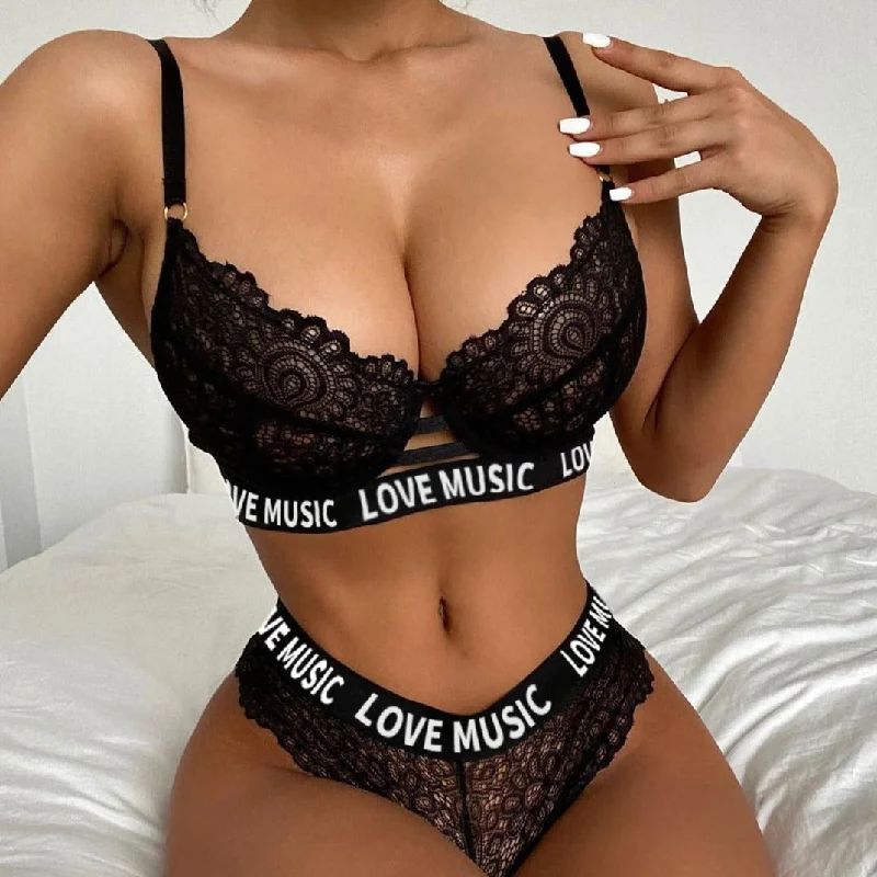 Sexy lingerie sets with lace garter belt-Avery Lingerie Set – Black