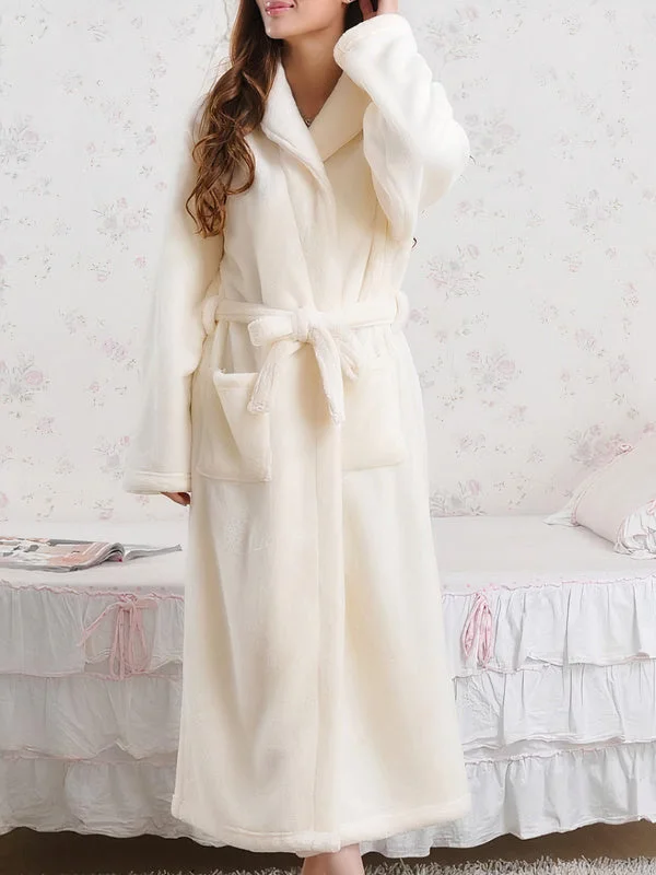 Women's robes with soft cotton fabric for warmth-Robe de Chambre Longue Polaire Femme "Beige"