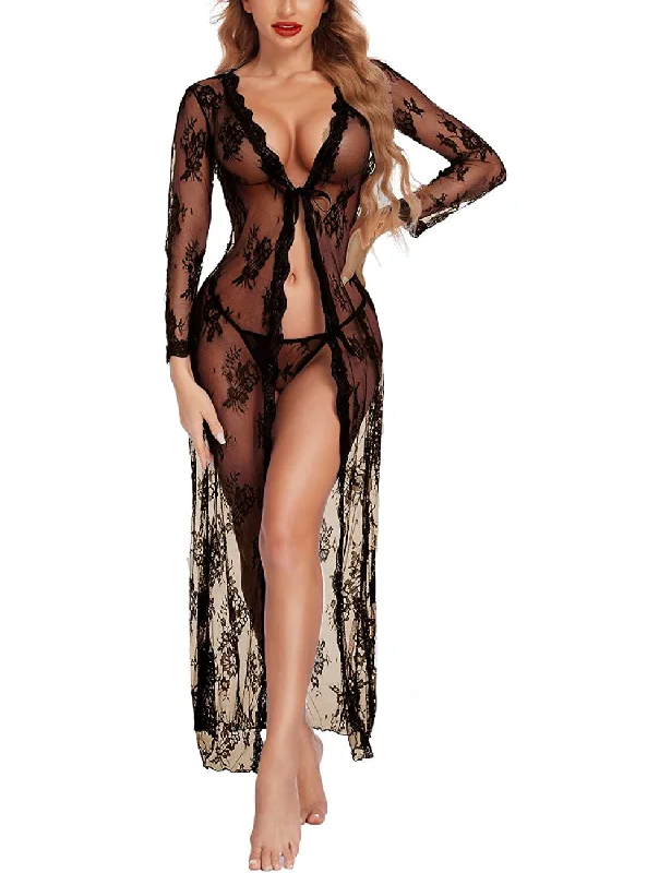 Cozy women's robes with elegant designs-Bridal Lace Babydoll Sheer Gown Robe