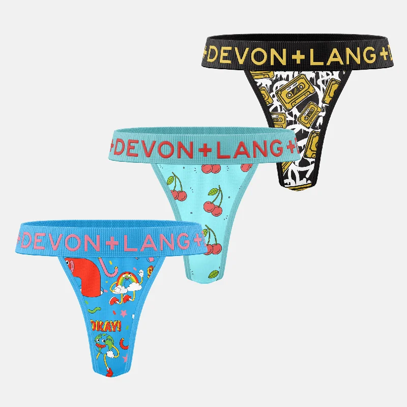 Women's panties with tummy control features-Bria V-Thong - Multi-Packs - Cartoons/Cherries/Cassette