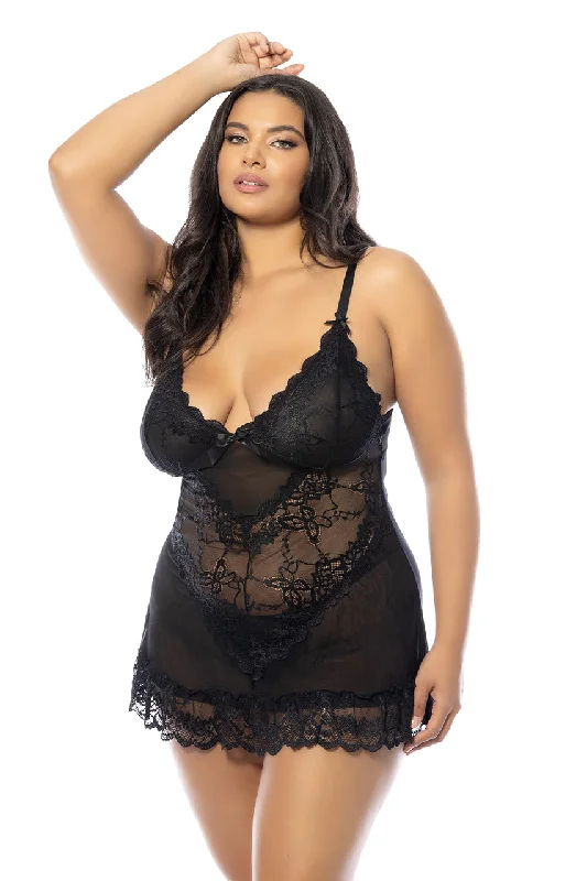 Cozy women's sexy nightwear with warm, inviting fabric-Valentine Soft Cup Lacey Plus Size Babydoll With Bows And G-string Panty Cozy women's sexy nightwear with warm, inviting fabric-Valentine Soft Cup Lacey Plus Size Babydoll With Bows And G-string Panty