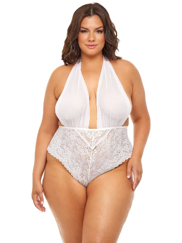 Sexy lingerie for soft, sensual fabric-Bridal Curvy Aria Sheer Plunge Halter Teddy
