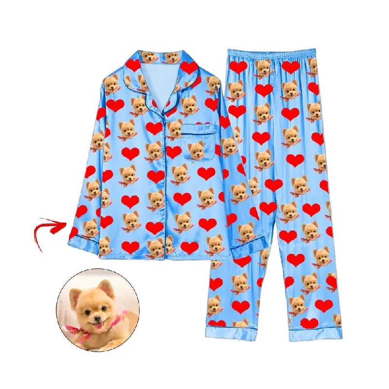 Fashionable matching mother and kid same suit for get-togethers-Custom Photo Satin Pajamas Heart I Love My Dog Blue