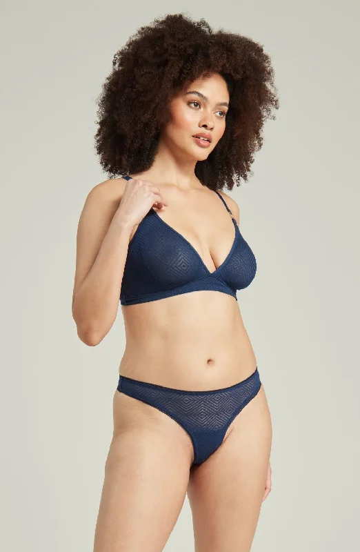 Sexy black lingerie sets for evening-The Sheer Deco Barely There Thong Navy