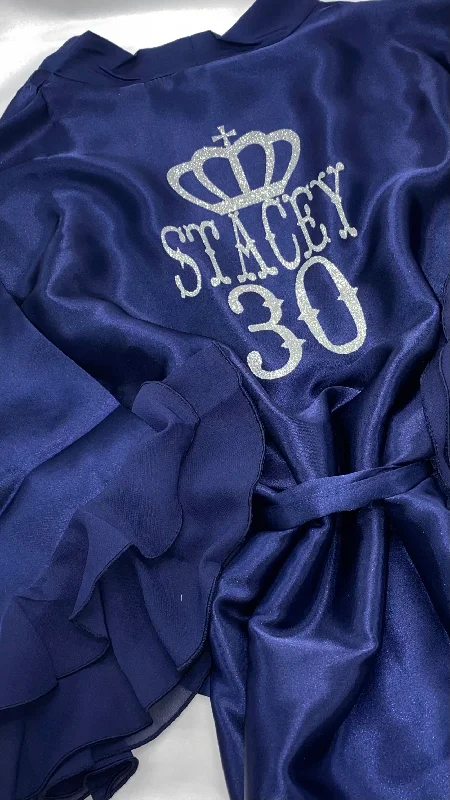 Classic women's robes for lounging and comfort-Personalised Ruffle Robe | Navy Discontinued Last Chance To Buy