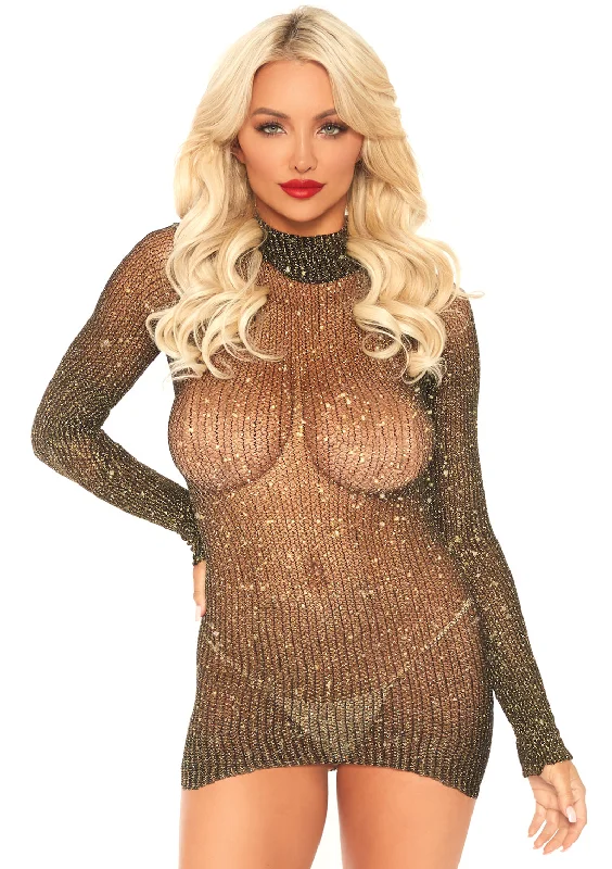 Sexy dress for bold statement fashion-Leg Avenue  Lurex Long Sleeved High Neck Fishnet Dress  86106