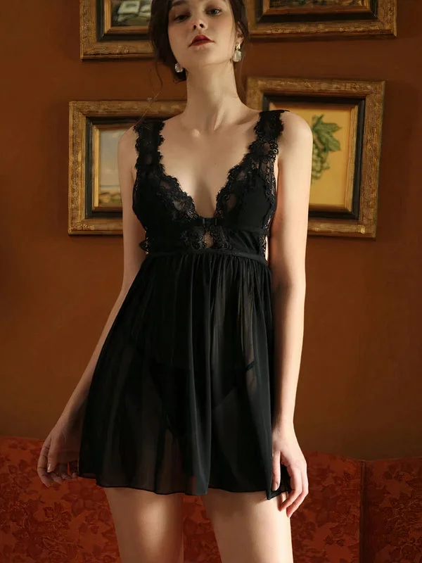 Sexy women's nightwear with delicate satin touch-Nuisette en Satin Dentelle Transparente pour Femme "Noir"