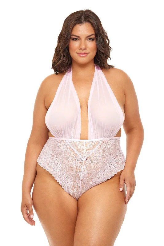 Sexy lingerie for curvy body confidence-Curvy Aria Sheer Plunge Halter Teddy