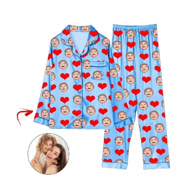 Fashionable matching mother and kid same suit for fun moments-Custom Photo Satin Pajamas Heart I Love My Baby Blue