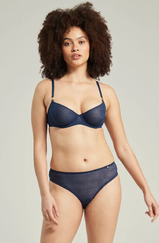 Lingerie sets for confident bedroom look-The Sheer Deco High Leg Brief Navy