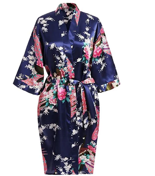 Women's robes with elegant trim-Silk Satin Wedding Bride Bridesmaid Robe Floral Bathrobe Short Kimono Robe Night Robe Bath Robe Fashion Dressing Gown For Women