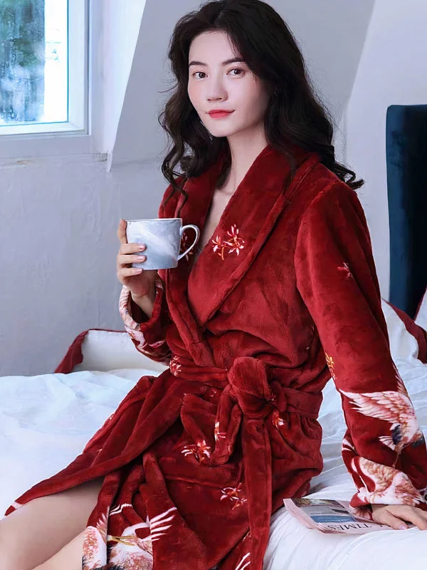 Comfortable women's robes for lounging after work-Robe de Chambre Polaire Femme Imprimé Oiseaux "Rouge"