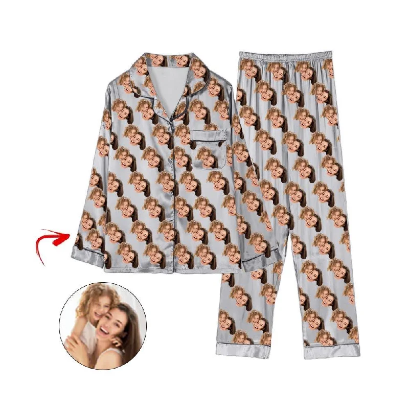 Matching mother and kid same suit with unique prints-Custom Photo Satin Pajamas Happy Mother's Day Grey