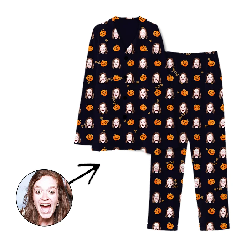 Trendy mother and kid same suit for outdoor adventures-Personalised Pyjamas Halloween Pumpkin Black