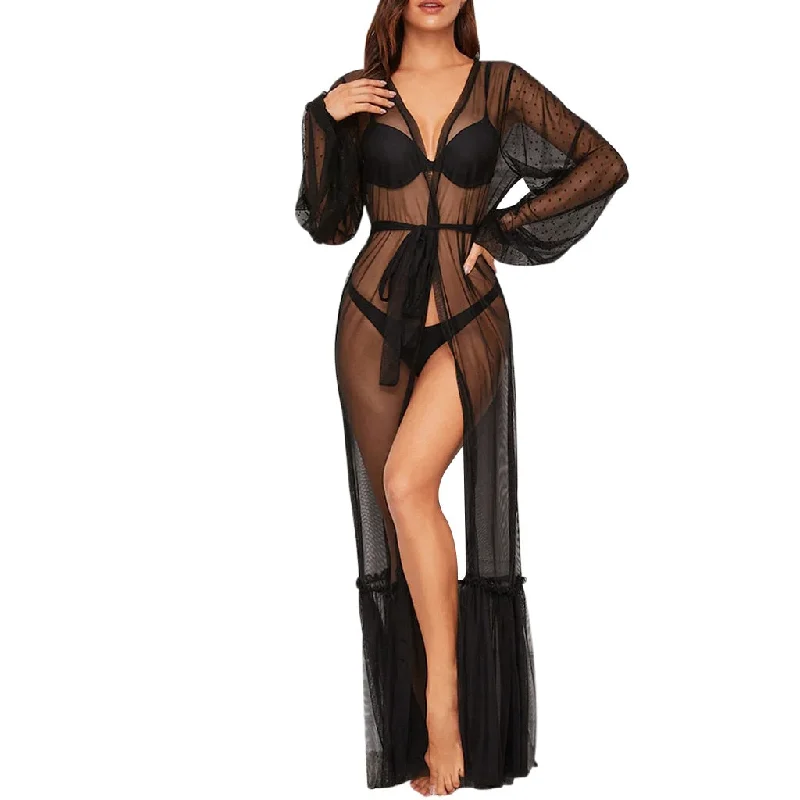 Stylish women's robes for lounging-Lace Mesh Long Maxi Lingerie Robe