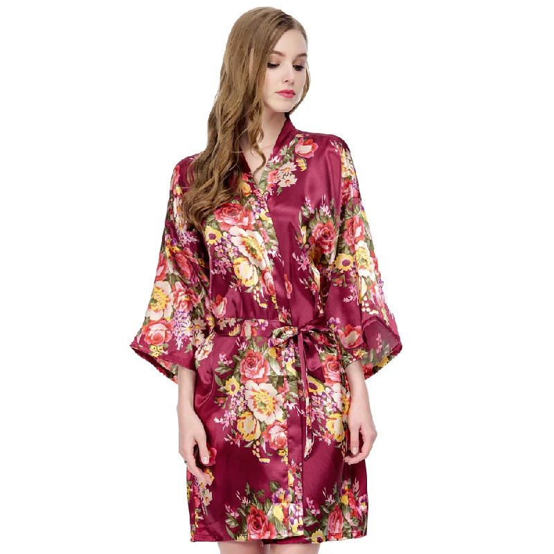Women's robes with satin details for luxury-Burgundy Floral Bridesmaid Robes Kimono