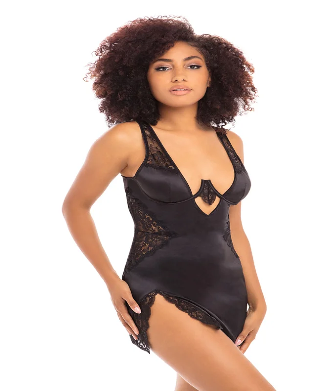 Comfortable women's sexy nightwear with lace detail-Allegra Exposed Satin And Lace Babydoll