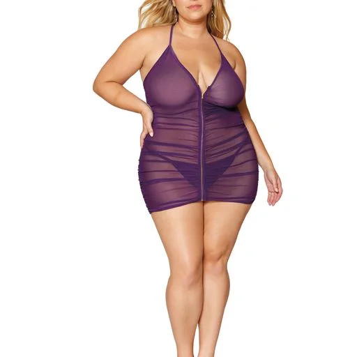 Elegant women's sexy nightwear with lace and satin-Stretch Mesh Chemise