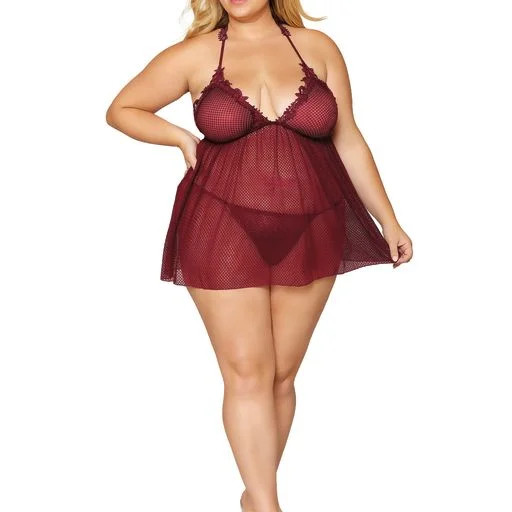 Comfortable women's sexy nightwear with adjustable fit-Novelty stretch mesh and delicate venise embroidery babydoll and matching G-string set