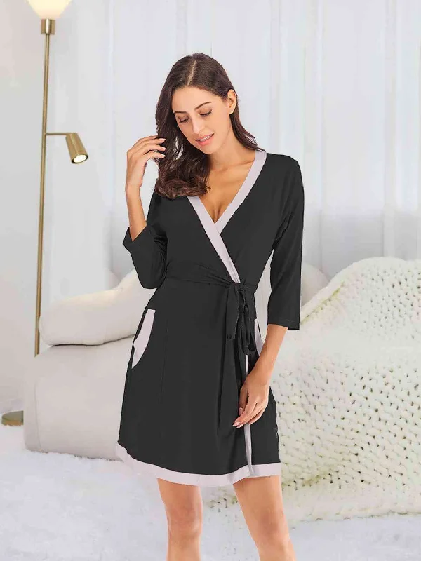 Comfortable women's robes with matching attire-Tie Waist Surplice Neck Robe with Pockets
