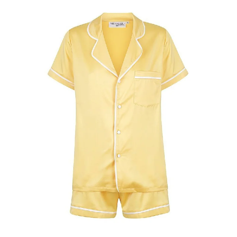 Chic mother and kid same suit for stylish photos-Satin Personalised Pyjama Set - Short Sleeve Yellow/White