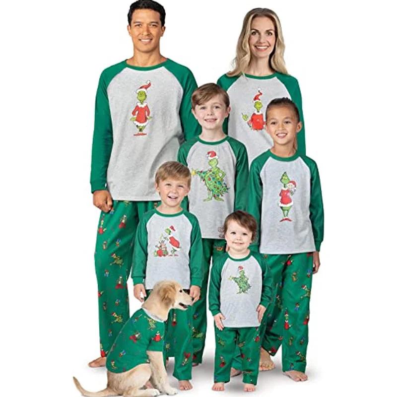 Matching mother and kid same suit for relaxed weekends-Classic Grinch Print Matching Family Sets Matching mother and kid same suit for relaxed weekends-Classic Grinch Print Matching Family Sets