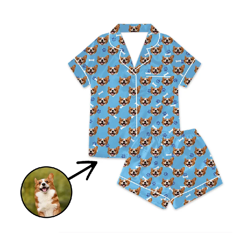 Comfortable mother and kid same suit for active kids-Custom Photo Satin Pajamas Dog Footprint Blue For Summer Comfortable mother and kid same suit for active kids-Custom Photo Satin Pajamas Dog Footprint Blue For Summer